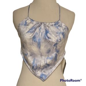 Handkerchief Tie Crop Top Halter Blue Cream Large Retro 90s Style NWT